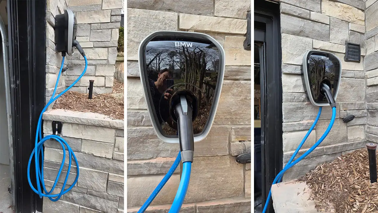 BMW Wallbox Level 2 EV charger installation on exterior wall in Oakville home